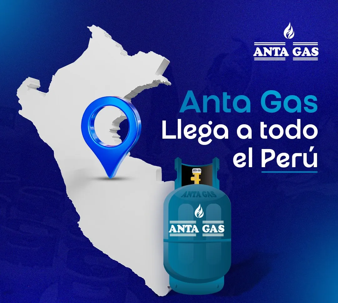 Pieza de Anta Gas: mapa del Perú con un pin y un balón, y el texto «Anta Gas llega a todo el Perú»