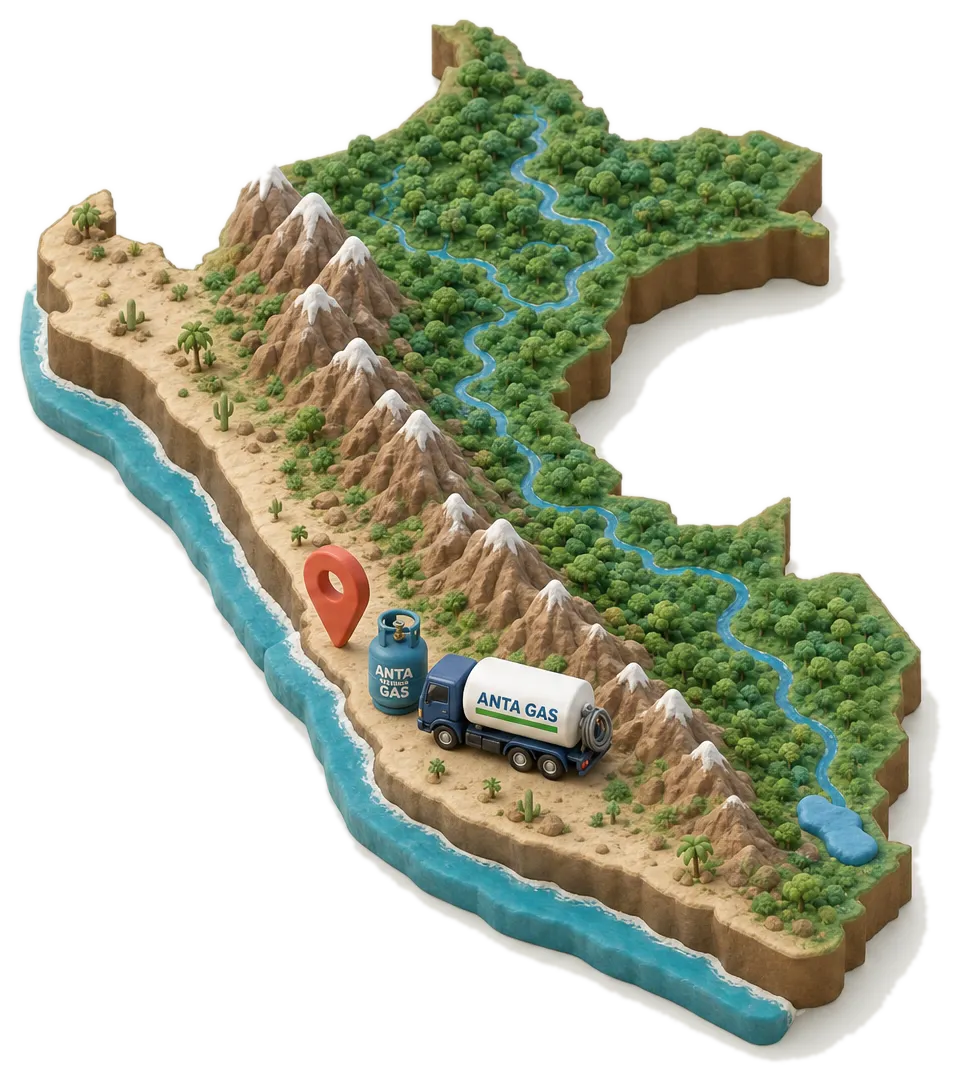 Mapa del Perú en arcilla con un balón y un camión granelero Anta Gas en Lima